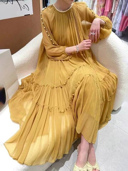 

Women Plain Crew Neck Long Sleeve Comfy Vacation Maxi Dress, Yellow, Midi