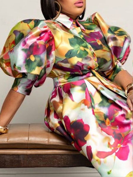 

Plus Size Puff Sleeve Floral Urban Shirt Collar Satin Blouse, As picture, Plus Tops