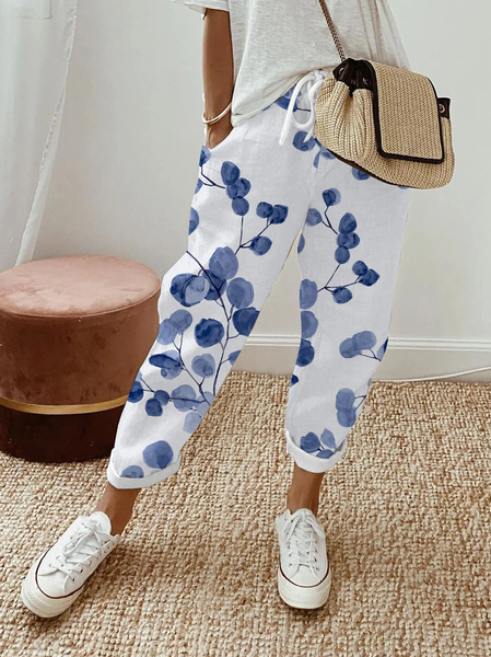 

Floral Casual Loose Linen Style Pants, Blue, Pants