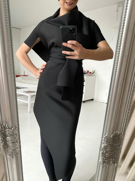 

Urban Plain Regular Fit Asymmetrical Midi Dress With Belt, Black, Midi Dresses