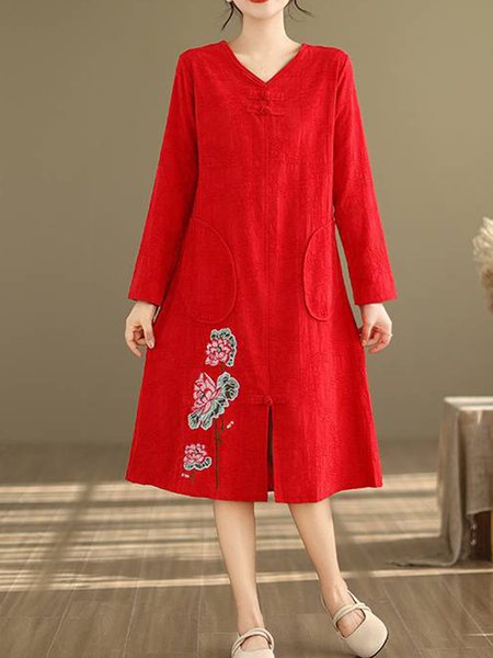 

Women Floral V Neck Long Sleeve Comfy Casual Embroidery Midi Dress, Red, Short