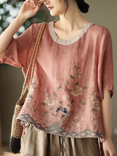 

Women's Short Sleeve Blouse Summer Floral Ramie Crew Neck Daily Going Out Casual Top Black, Pink, Shirts & Blouses