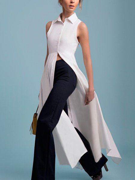 

Plain Urban Shirt Collar Sleeveless Regular Fit Blouse, White, Blouses and Shirts