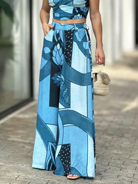 

Random Print Casual Regular Fit Pants, Blue, Pants