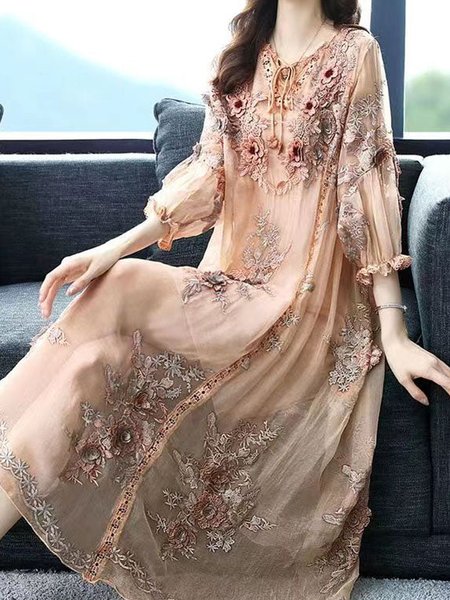 

Women Floral Crew Neck Three Quarter Sleeve Comfy Casual Midi Dress, Apricot, Dresses