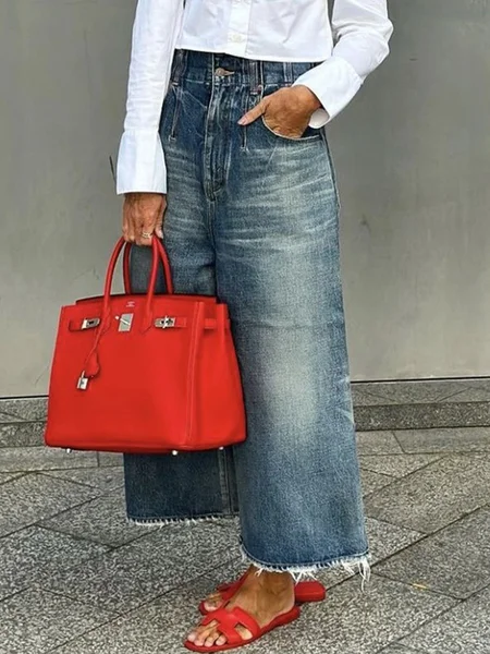 

Plus Size Daily Urban Denim Plain Wide leg Jeans, Blue, Plus Pants