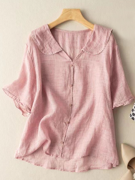 

Simple Cotton-Blend Plain Loose Linen Style Blouse, Pink, Blouses & Shirts