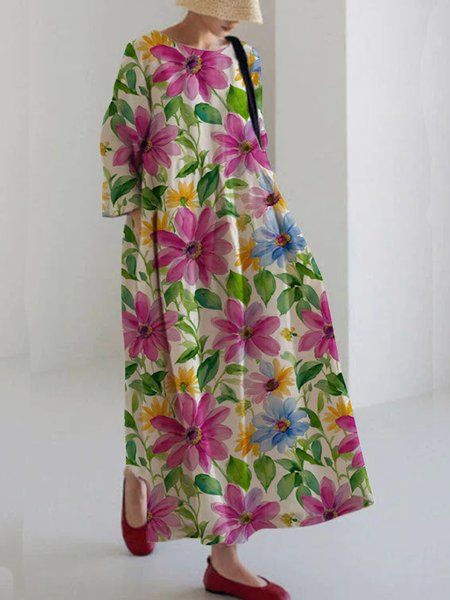 

Women Floral Square Neck Three Quarter Sleeve Comfy Simple Maxi Dress, Red, Midi