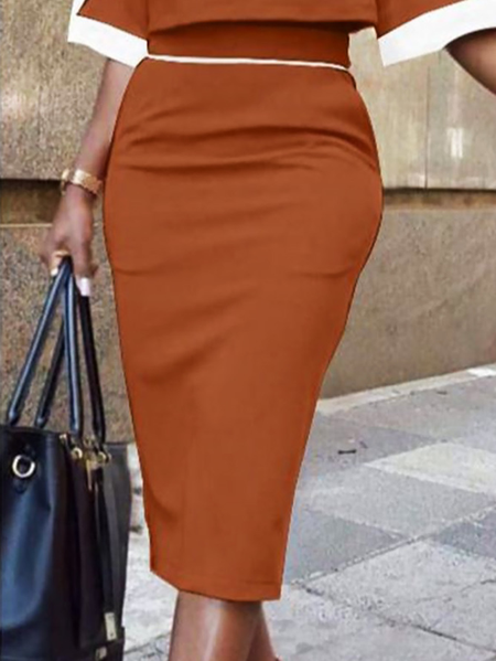 

Plus Size Regular Fit Color Block Elegant Midi Skirt, Tan, Plus Skirts