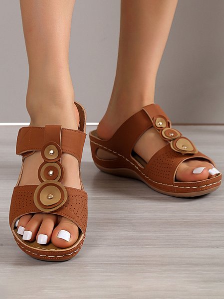 Casual Plain Slip On Block Heel Slide Sandals, Brown, Women shoes