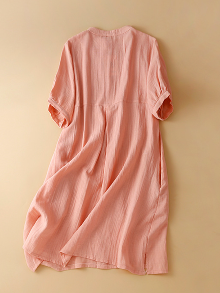 

Stand Collar Simple Cotton-Blend Loose Linen Style Dress, Pink, Midi Dresses