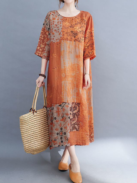 

Women Floral Crew Neck Short Sleeve Comfy Casual Split Joint Maxi Dress, Orange, Midi