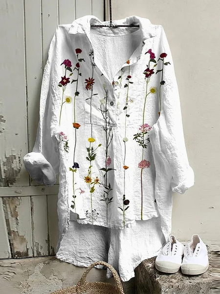 Floral Casual Loose Linen Style Blouse, White, Blouses & Shirts