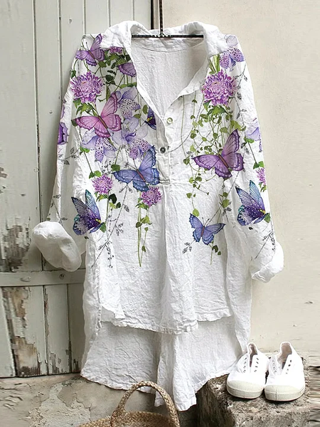 

Loose V Neck Casual Butterfly Linen Style Blouse, White, Blouses & Shirts