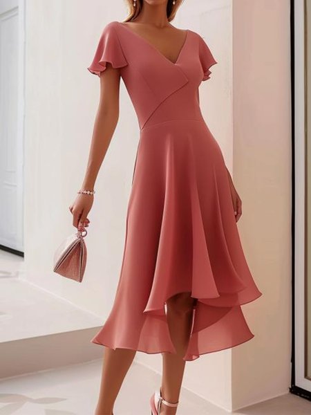 

Ruffled Sleeves V Neck Elegant Dress, Shrimp red, Dresses