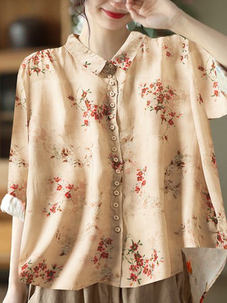 

Loose Shirt Collar Casual Abstract Blouse, Beige, Blouses & Shirts