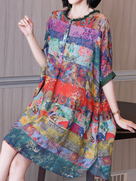 

Women Floral Crew Neck Short Sleeve Comfy Casual Short Dress, Multicolor, Short