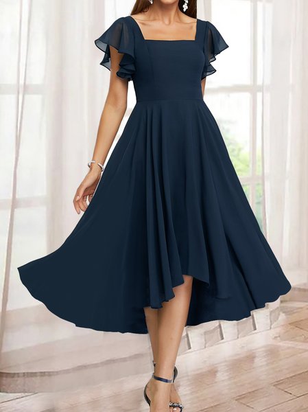 

Ruffled Sleeves Plain Elegant Chiffon Regular Fit Dress, Blue, Dresses