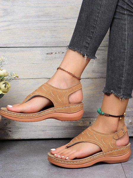 Casual Plain Blocking Hook-Loop Block Heel Slide Sandals, Deep brown, Women shoes