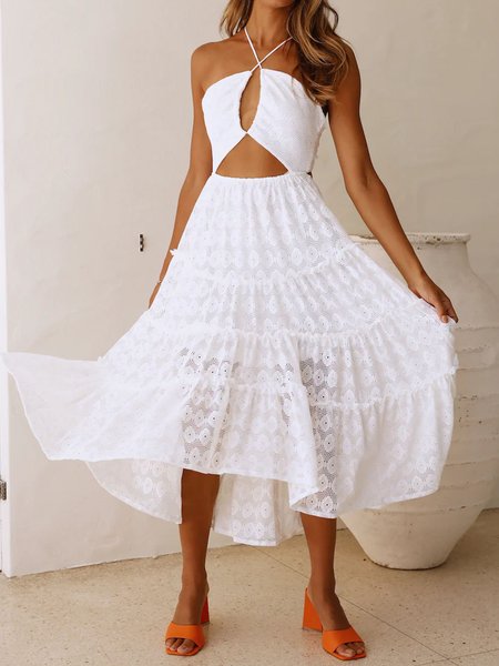

Women Plain Halter Sleeveless Comfy Vacation Maxi Dress, White, Dresses