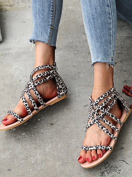 

Casual Plain Zipper Low Heel Slide Sandals, Leopard, Women shoes