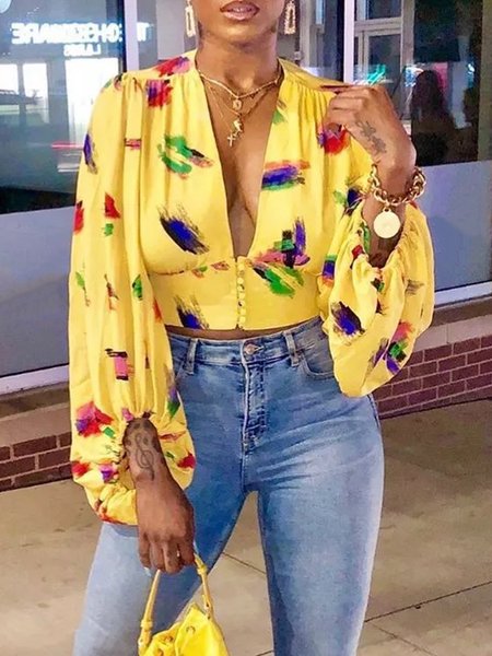 

V Neck Vacation Random Print Shirt, Yellow, Blouses and Shirts