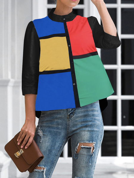 

Loose Stand Collar Short Sleeve Urban Geometric Loose Blouse, As picture, Blouses and Shirts