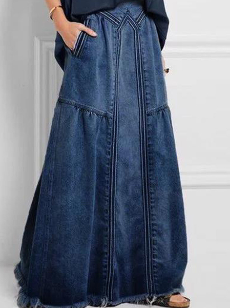 

Casual Plain A-Line Natural Maxi Skirt, Dark_blue, Denim Skirts