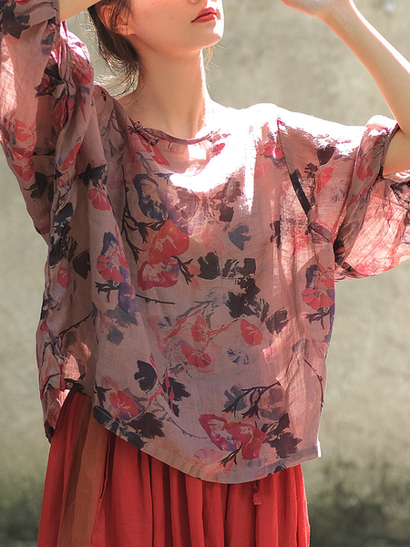 

Crew Neck Half Sleeve Floral Regular Loose Shirt For Women, Pink, Blouses