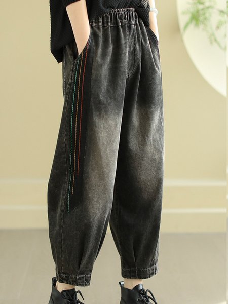 

Casual Plain Ankle Pants Pocket Stitching Pant, Black, Pants