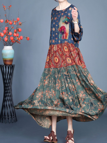 

Women Floral Crew Neck Half Sleeve Comfy Vacation Split Joint Maxi Dress, Multicolor, Dresses