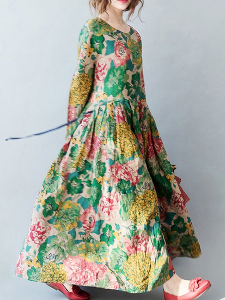 

Women Floral Crew Neck Long Sleeve Comfy Casual Maxi Dress, Green, Dresses