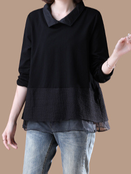 

Shawl Collar Long Sleeve Plain Regular Loose Blouse For Women, Black, Blouses