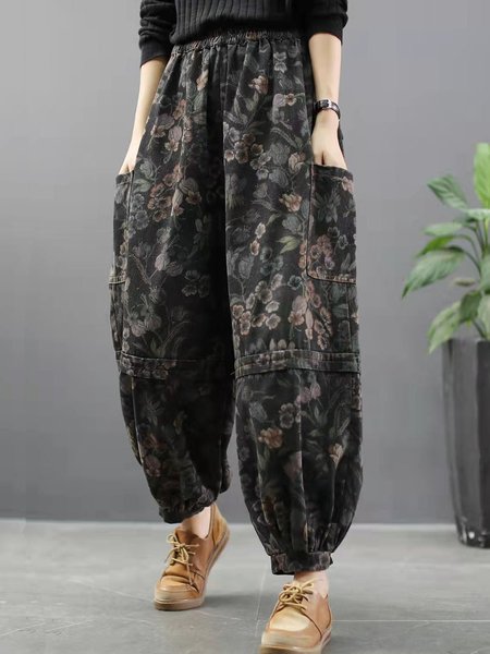 

Casual Floral Ankle Pants Pant, Black, Pants