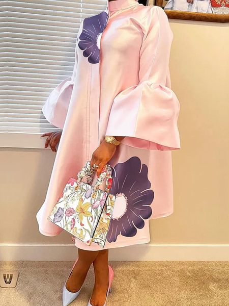 

Plus Size Stand Collar Three Quarter Sleeve Elegant Midi Dress, Pink, Plus Dresses