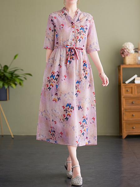 

Women Butterfly Stand Collar Half Sleeve Comfy Casual Maxi Dress, Pink, Midi