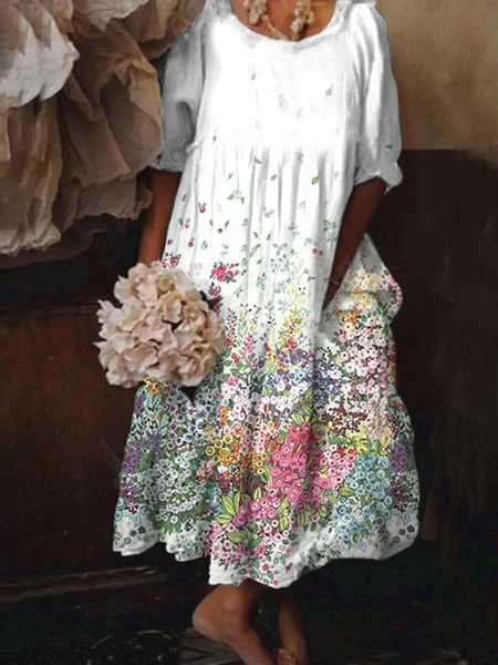 

Loose Floral Crew Neck Linen Style Dress, White, Maxi Dresses