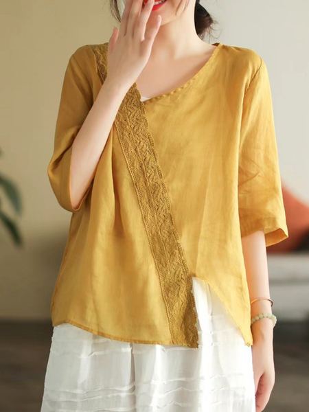 

Loose V Neck Casual Cotton And Linen Blouse, Yellow, Blouses & Shirts