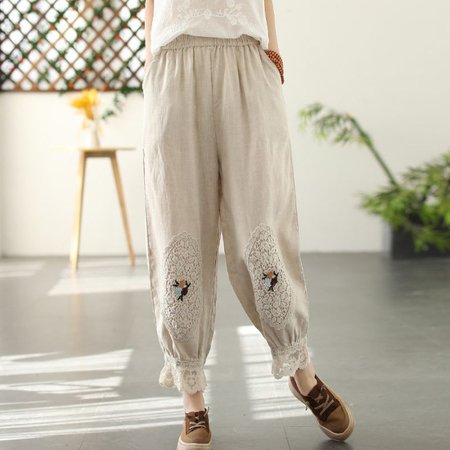 Loose Plain Cotton Casual Pants, Off white, Pants