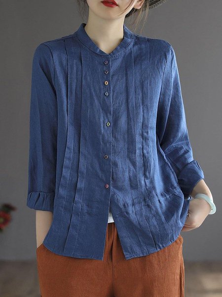 

Stand Collar Long Sleeve Plain Regular Loose Blouse For Women, Blue, Shirts