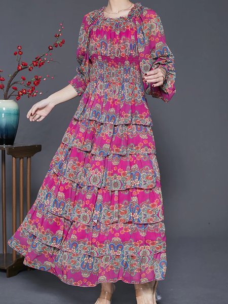 

Women Floral Crew Neck Three Quarter Sleeve Comfy Vacation Maxi Dress, Purplish red, Dresses