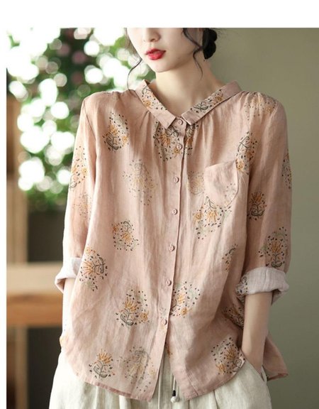 

Shirt Collar Raglan Sleeves Three Quarter Sleeve Floral Regular Loose Blouse For Women, Apricot, Blouses