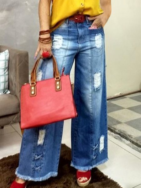 

Casual Daily Denim Pockets Plain Wide Leg Jeans, Blue, Jeans