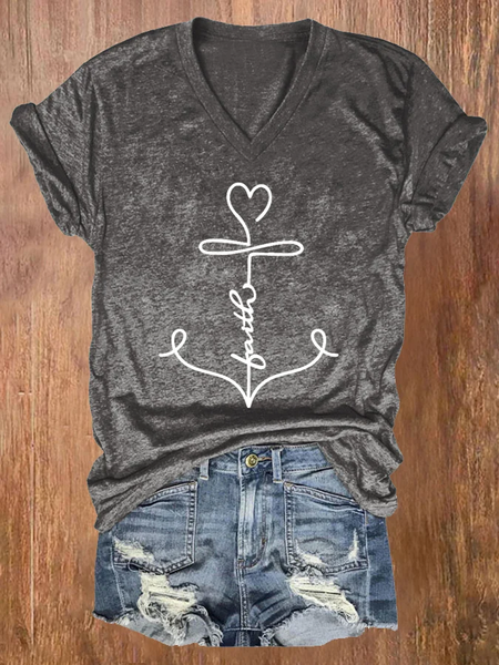 

Women's Faith Anchor Print V Neck T-shirt, Deep gray, T-shirts