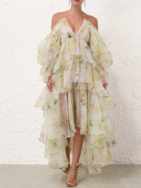

Women Floral V Neck Long Sleeve Comfy Vacation Maxi Dress, Green, Dresses