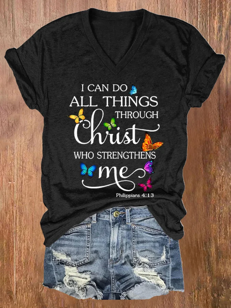 

Women's I Can Do All Things Through Christ Who Strengthens Me Print V Neck T-shirt, Black, T-shirts
