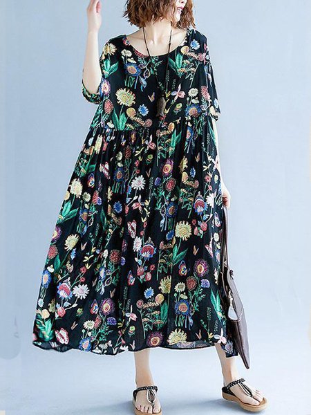 

Women Floral Crew Neck Half Sleeve Comfy Vacation Maxi Dress, Black, Dresses