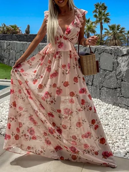 

Women Floral V Neck Sleeveless Comfy Vacation Maxi Dress, Pink, Dresses
