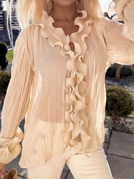 

V Neck Long Sleeve Plain Regular Loose Blouse For Women, Apricot, Blouses
