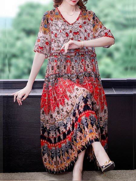 

Women Floral Crew Neck Short Sleeve Comfy Vacation Split Joint Midi Dress, Red, Dresses